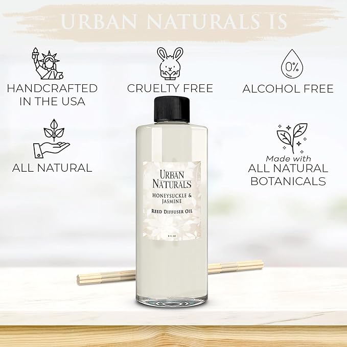 Urban Naturals Reed Diffuser Oil Refill Honeysuckle Jasmine with Hyacinth, Cassis, Neroli, Rose, Iris, Lily of the Valley 8 oz + Free Reed Sticks, Made in the USA