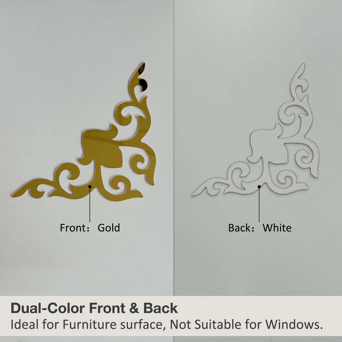 funlife Hollow Self Adhesive Mirror Wall Stickers, Small Plastic Gold Mirror with Adhesive Back for Home Cabinet Wall Decor 3.94" X 3.94"" 16 PCS Corner Onlay Applique Pattern-Mirror"