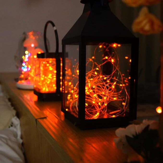 RUICHEN Plug in Fairy Lights with Switch, Waterproof 33 Ft 100 LED Silver Wire Starry String Firefly Lights for Christmas, Halloween, Thanksgiving, Parties, Ceiling, Vases, Craft, Orange