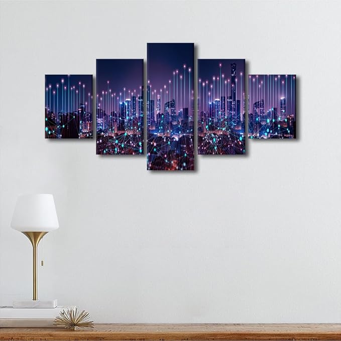 5 Panel Home Wall Art Decor Communication Network Picture Abstract Point City Poster 5 Panel Network City Poster Internet Workers Living Room Corridor Decor Native Americans Canvas Art 60x32 Inch