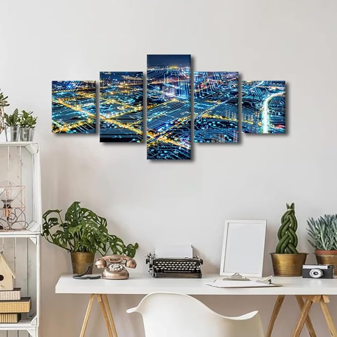 Internet Covered City Posters Modern Home Decoration 5 Panel Smart City Poster Classroom Wall Decor Teacher Office Bedroom Canvas Decorate Abstract Point Picture Printing Frame Ready to Hang 50x24 Inch