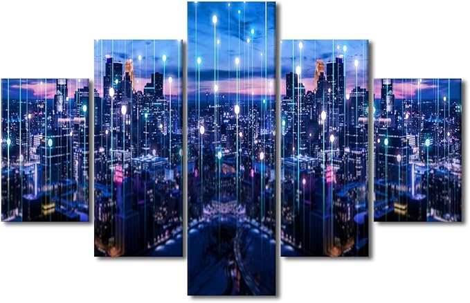 5 Panel Modern City Poster Native Americans Home Decoration Artwork Urban Skyline Picture Printing Bangkok Particle Glowing Light Poster for Office Bedroom Decor Stretched Ready to Hang 60x40 Inch