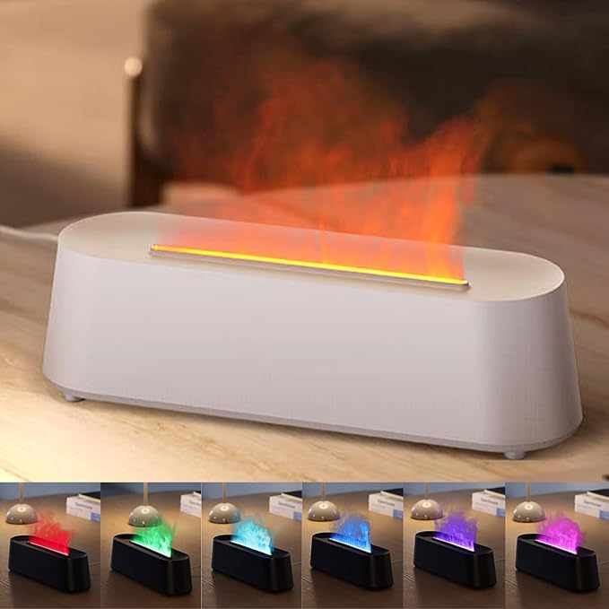 Essential Oil Diffuser, Fireplace Flame Fire Oil Diffuser, 250ml Cool Mist Aromatherapy Humidifier, Scent Diffuser with 7 Colors Light, Remote Control, Timer & Auto-Off for Home, Room (White)