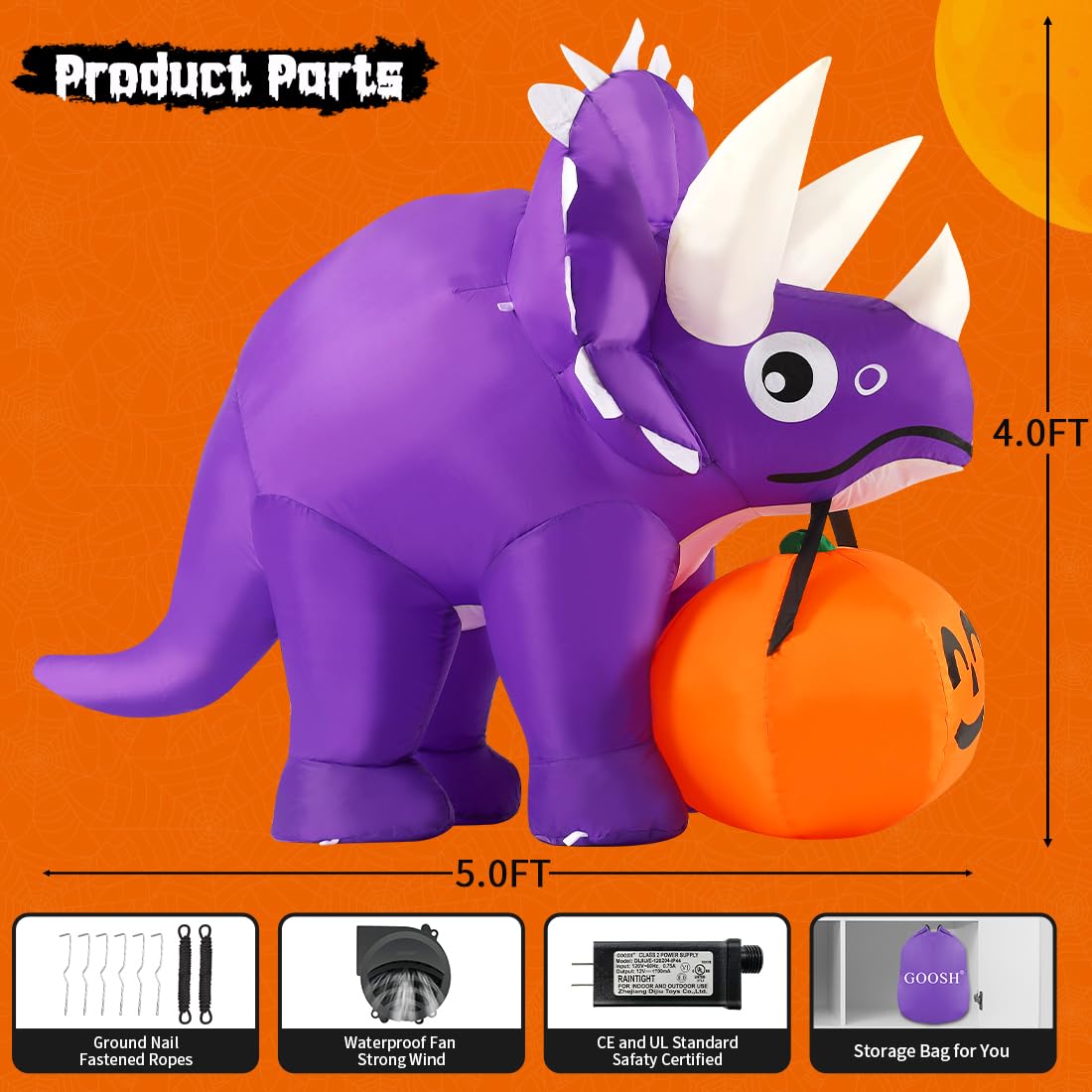 GOOSH 5 FT Width Halloween Inflatables Dinosaur Outdoor Decorations Blow Up Yard Dinosaur with Pumpkin with Built-in LEDs for Garden Lawn Indoor Party Decor