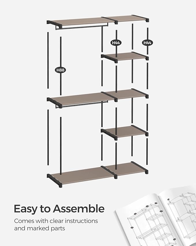SONGMICS Portable Closet, Freestanding Closet Organizer, Clothes Rack with Shelves, Hanging Rods, Storage Organizer, for Cloakroom, Bedroom, 48.8 x 16.9 x 71.7 Inches, Taupe URYG026R02