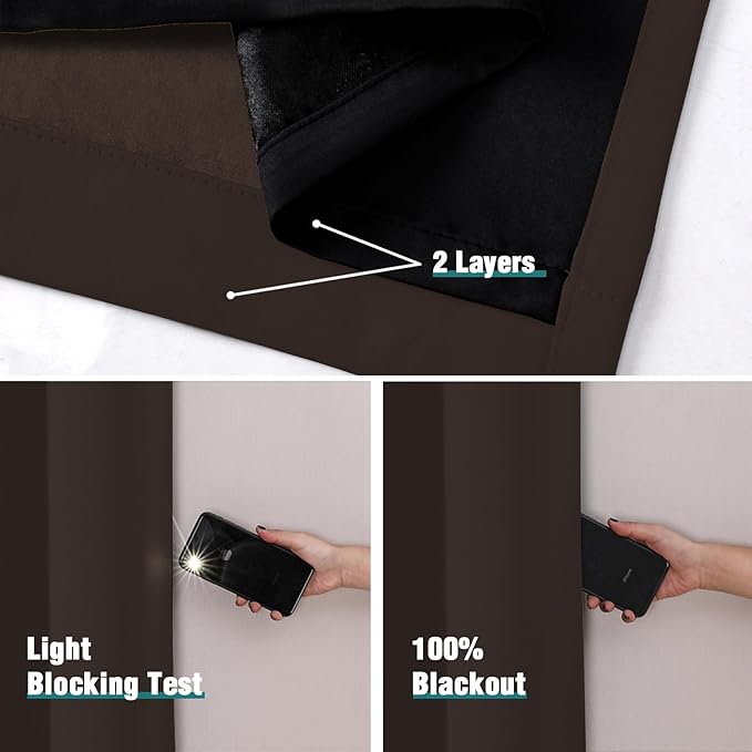 ChrisDowa 100% Blackout Curtains for Bedroom with Black Liner, 2 Thick Layers Total Blackout Thermal Insulated Grommet Window Curtains 2 Panels Set (Brown, 52 x 84 Inch)