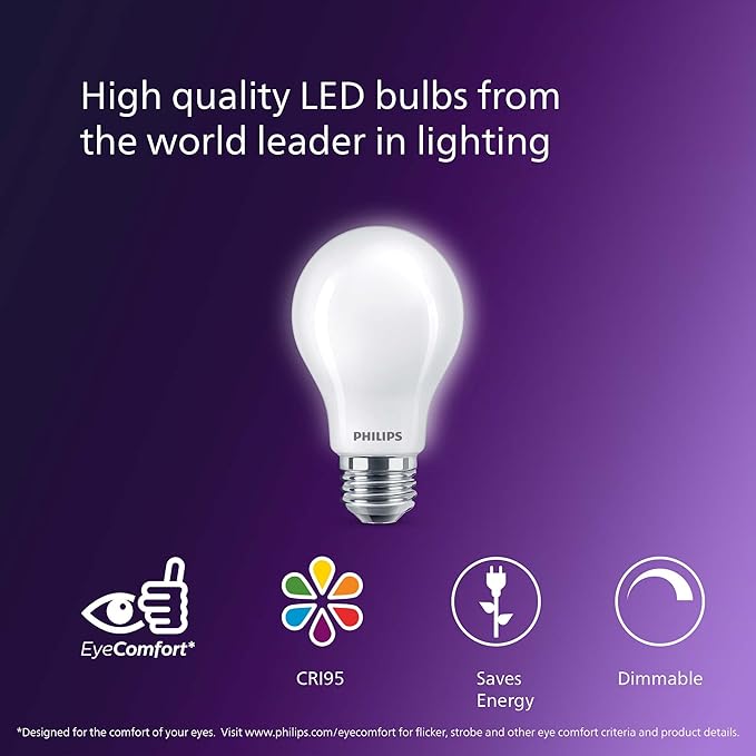 PHILIPS LED 60W A19 8-Pack Ultra Definition (2700K) 800 Lumen (8W = 60W) Dimmable Frosted Flicker-Free Light Bulbs