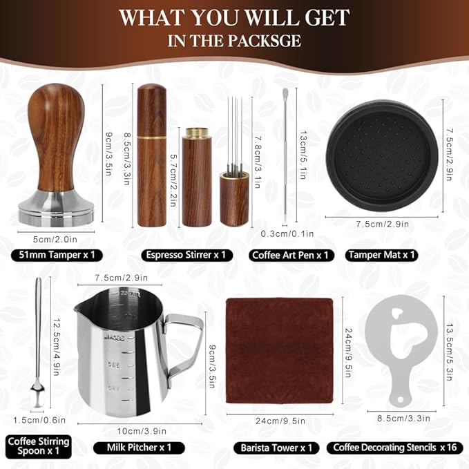 Y-Step 23 PCS Coffee Tamper Set, Espresso Accessories Kit Barista Kit, with Espresso Tamper 51mm, Coffee Stirrer, Frothing Pitcher, Tamper Mat, Latte Art Pen, Sandalwood Tamper for Espresso Machine