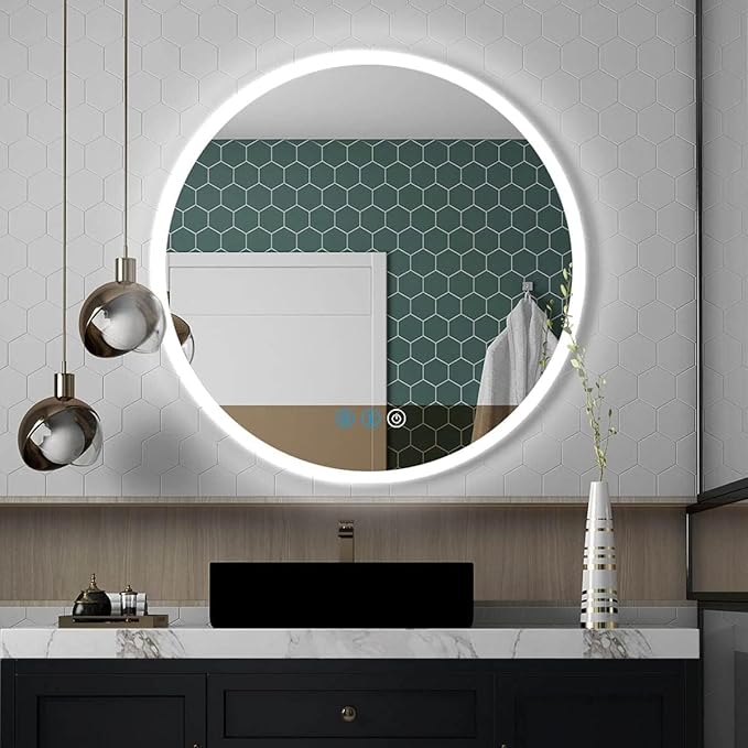 24 Inch Round Lighted Vanity Mirror with Lights Smart Memory Anti-Fog Adjustable Brightness 3 Color Backlight 24" Frameless LED Circle Round Backlit Mirror for Bathroom Hotle Wall Mounted