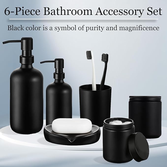 6PC Matte Black Bathroom Accessories Set with Glass Soap Dispenser | Modern Bathroom Organizer & Decor Set incl. Toothbrush, Qtip Holder