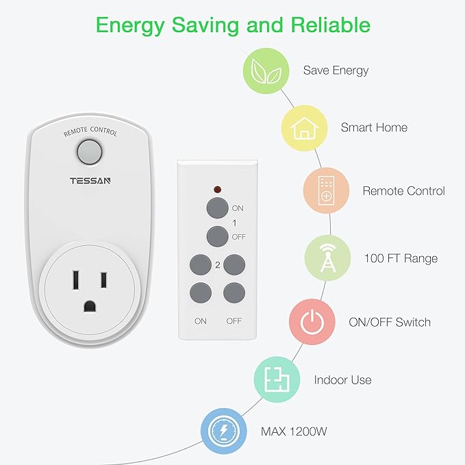 2 Pack Remote Control Outlet, TESSAN Wireless Electrical Plug Switch for Lights, Lamps, Fans, 100ft RF Range, 1200W (1 Remote + 2 Outlet)