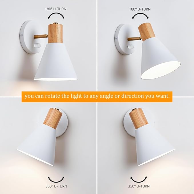 ClanKin Wall Sconces Lighting, White Wood Style Wall Sconce Reading Lamp, Adjustable Wall Light for Bedroom Hallway Living Room (White-Hardwired, 1)