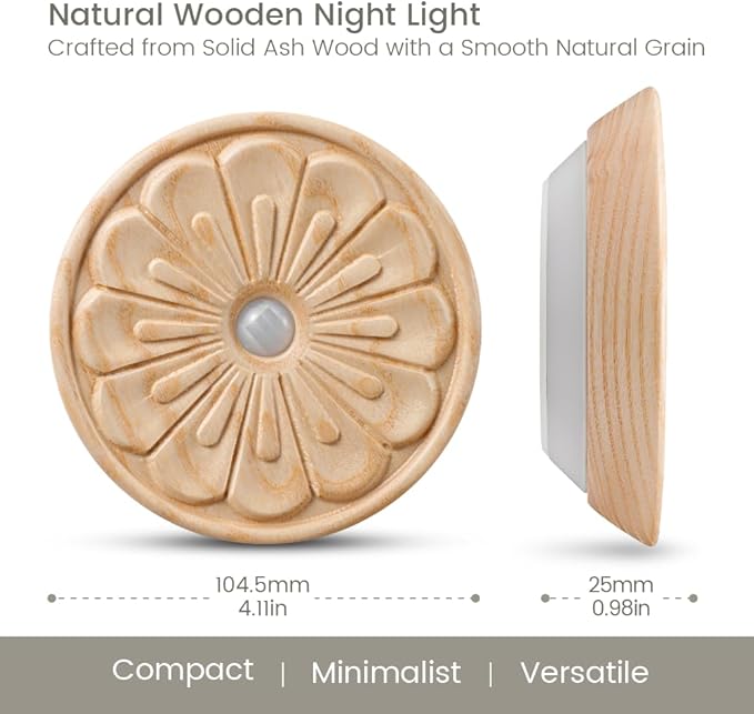 Flower Motion Sensor Night Light, Carved Wooden Flower Wall Lamp, Backlight LED Light, Rechargeable & Stick-On Magnetic Mount for Indoor Decor, Living Room, Bedroom, Stairs (Round Ash Wood *1Pack)