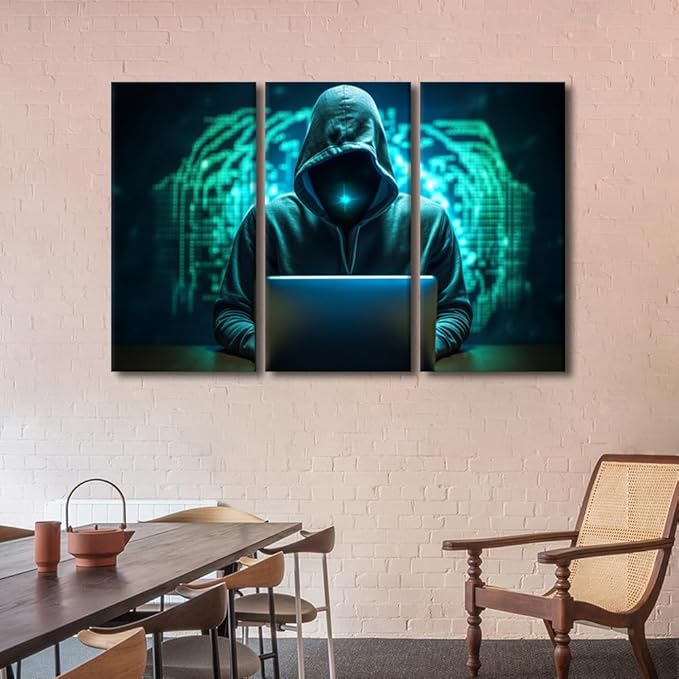 Wall Art for Living Room Hacker Malware Art Prints on Canvas AI Big Data Wall Decor Modern Artwork 3 Pieces Canvas Wall Art Giclee Gallery-Wrapped Posters and Prints Framed Ready to Hang, 60"Wx40"H