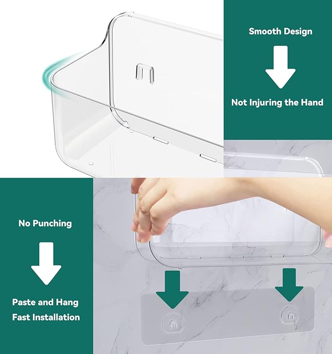 Shower Shelves, 5 Pack Adhesive Clear Acrylic Bathroom Shower Organizer Caddy, Transparent No Drilling Wall Mount Bathroom Storage with Soap Holder and Hooks