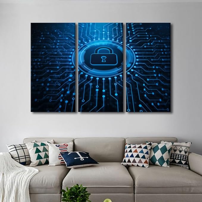 Lock Canvas Prints Wall Art AI Intelligence Picture Security Lock Symbol Paintings Canvas Print 3 Pieces Framed Wall Art Giclee Artwork Stretched Ready to Hang Posters, 60" Wx40 H