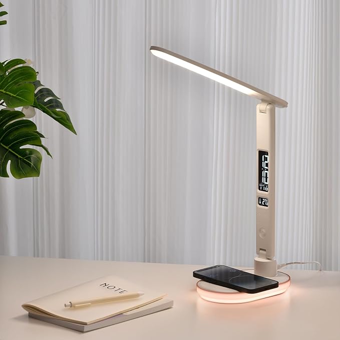 Multi Functional Table Lamp,Multifunctional Foldable Desk Lamp with Wireless Charging, Perpetual Calendar Display, Adjustable Angle, Night Light, and RGB Lighting,U20 White.