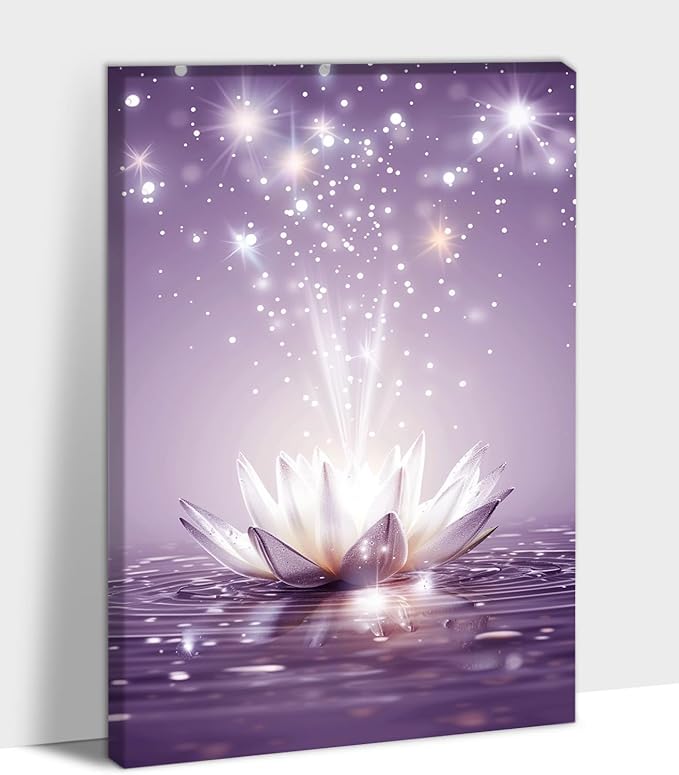 Zen Canvas Wall Art, White Lotus Flower Bloom in Water Picture, Zen Blue Flower Painting, Modern Framed Spiritual Home Artwork for Yoga Spa Meditation Spiritual Room Living Room Office 18x24 inch