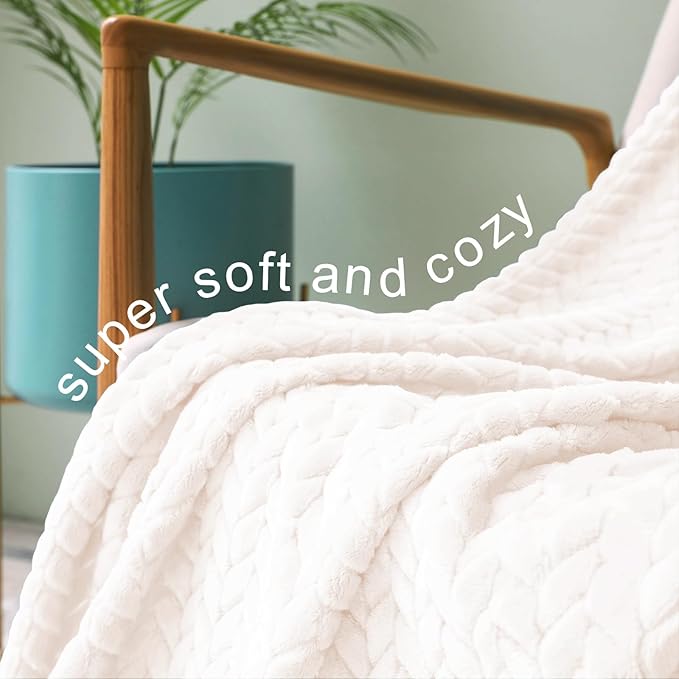 Exclusivo Mezcla Fleece Twin Size Blanket for Bed, 90x66 Inches Soft Cozy Jacquard Flannel Blankets, Lightweight Fuzzy Plush Warm for Winter, Off White