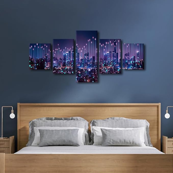 Canvas Wall Art Energy Digitalization Picture Printing Modern City Landscape Poster 5 Panel Home Decoration Artwork Big Data Worker Office Bedroom Decor Frame and Stretched Ready to Hang 50x24 Inch