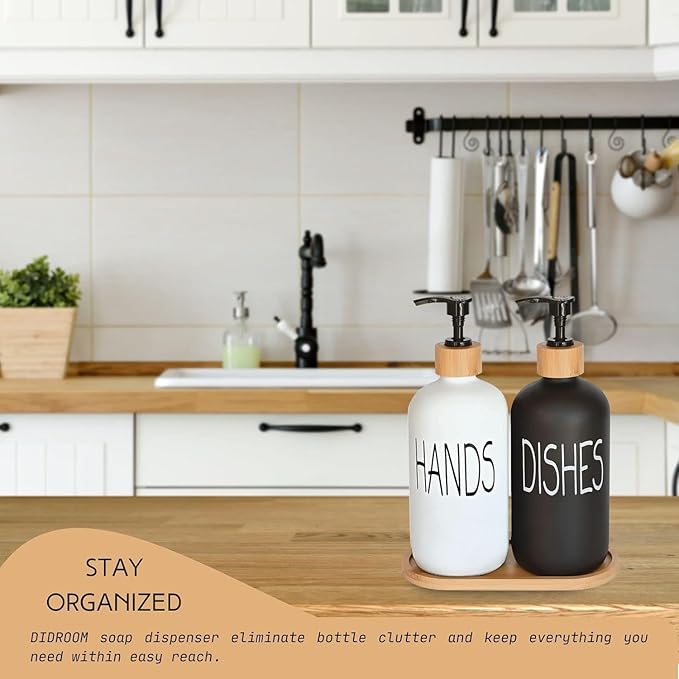 Glass Soap Dispenser Set, Hand Soap and Dish Soap Dispenser with Bamboo Tray. Vintage Soap Dispenser with Pump for Kitchen Drain Outlet and Bathroom. Stylish Permanent Labels (Matte Black&White)