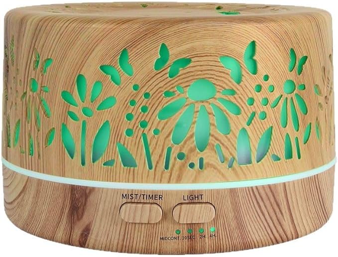 Wild Essentials 700ml Designer Large Room Essential Oil Diffuser, 5 in 1 Ultrasonic Aromatherapy Vaporizer Cool Mist Humidifier, Home, Office Bedroom, Timer, Auto-Off, 7 Color LED (Light Wood Flowers)