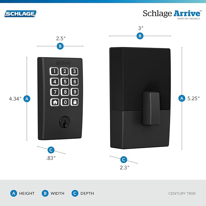 Schlage Arrive WiFi Deadbolt Smart Lock, Keyless Entry Door Lock with Century Trim, Matte Black, Compatible with Alexa and Google, BE459WB CEN 622