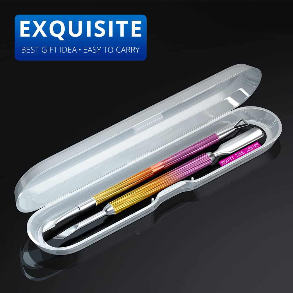 2PCS Metal Pink-Yellow Gradient Cuticle Pusher and Cutter Remover Salon Quality Stainless Steel Gel Nail Polish Peeler Scraper Durable Manicure and Pedicure Cleaner Tool For Fingernail and Toenail
