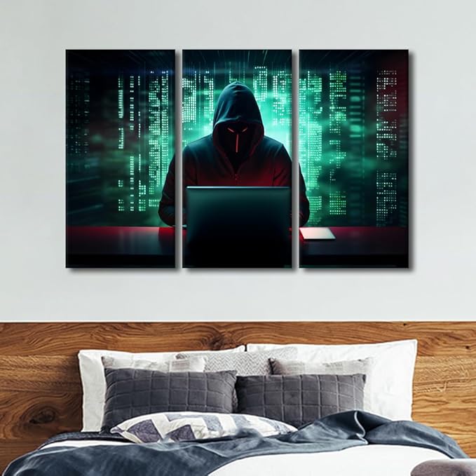 TUMOVO AI Big Data Wall Art Prints on Canvas Hacker Malware Wall Pictures Modern Decor for Home Walls 3 Pieces Canvas Wall Art Hacker Paintings Wall Decor Giclee Artwork Ready to Hang, 60" Wx40 H