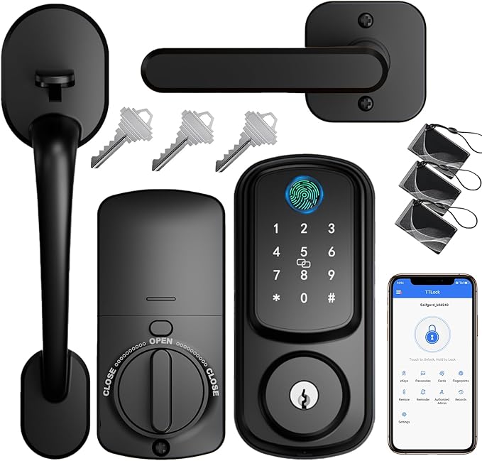 Keyless Entry Door Lock with Handle Set, Keyless Entry Deadbolt with Handle Set, Smart Locks for Front Door Alexa Fingerprint Auto Lock, Black
