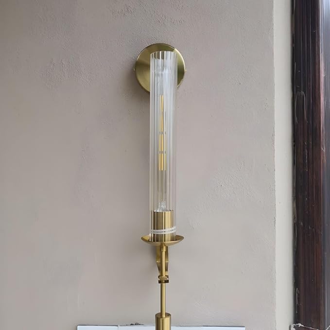 LIGHTLAND Gold Wall Sconce, 28 Inch Modern Metal Glass Wall Light Fixture, Wall Lamp for Living Room Bedroom Hallway (Pack of 1)