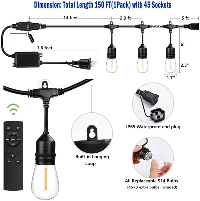 150FT String Lights for Outside Remote Controlled Waterproof with 48pcs Replaceable S14 Warm Bulbs for Patio, Gazebo, Pergola, Backyard Bistro Lights, 2200K, Linkable, 1-Pack