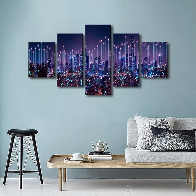 5 Panel Home Wall Art Decor Communication Network Picture Abstract Point City Poster 5 Panel Network City Poster Internet Workers Living Room Corridor Decor Native Americans Canvas Art 60x32 Inch