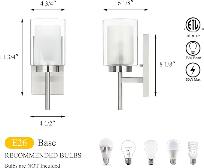 XiNBEi Lighting Bath Sconce Vanity Light, Modern Indoor 1 Light Wall Light Fixture with Dual Glass Shade Brushed Nickel Finish XB-W1276-1-BN