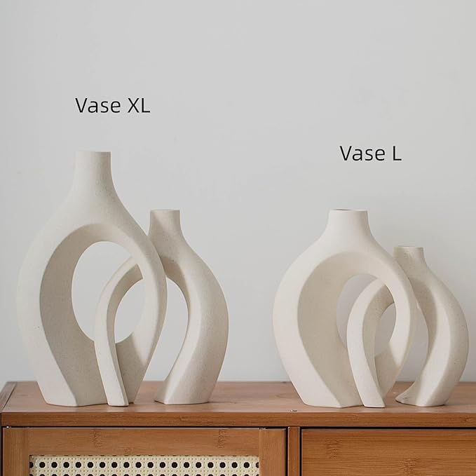 Extra Large Hollow Nordic Modern Ceramic Vases Set of 2, Milky White Aesthetic Round Donut Boho ins Style Flower Decorative Vase for Room Home Book Shelf Table Decor (Matte W 8" X H 11")