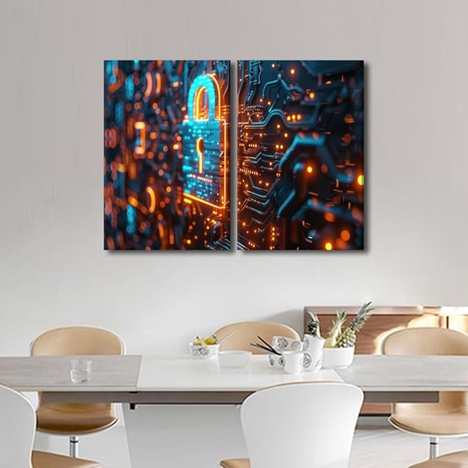AI Intelligence Pictures Paintings Canvas Print 3 Pieces Security Lock Symbol Wall Art Artwok Home Decor for Living Room Giclee Framed Art Ready to Hang, 24" Wx16 H