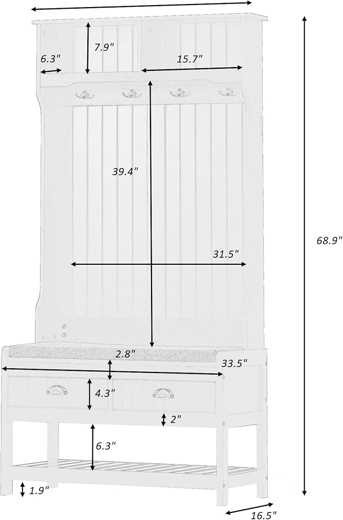 Hall Tree with Shoes Bench, Entryway Coat Rack with Storage Shelves and Drawers, 33.5''W Coat Hanger for Entrance, Hallway (Tiger)