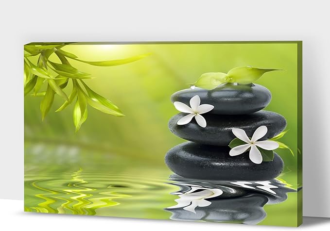 GUTTATY Zen Wall Art Decor, Modern Bathroom Zen Decor Wall Art, Canvas Wall Art for SPA Zen Room Decor, Green Bamboo Leaves and Pebble Relaxing Zen Art Prints for Office & SPA Wall Decor 24x36 Inches