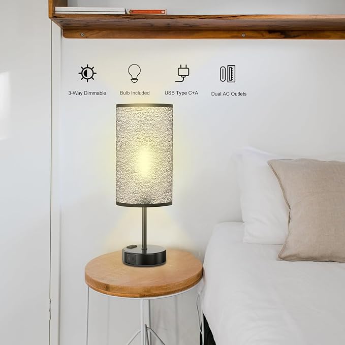 Table Lamp for Bedroom with Touch Control,Bedside Lamp with USB C+A Charging Ports& AC Outlets, Adjustable 3color LED Light for Home Decor/Nightstand/Bedroom/Office,Included Bulb