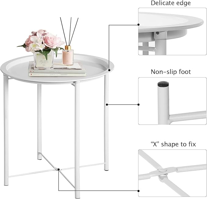 VECELO Side/End Table, Folding Round Metal Anti-Rust and Waterproof Outdoor or Indoor Tray for Living Room Bedroom Balcony and Office, 1 PCS, Beige