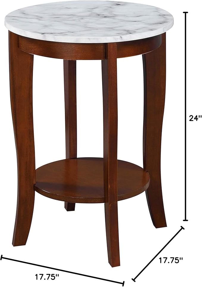 Convenience Concepts American Heritage Round End Table, White Faux Marble / Espresso