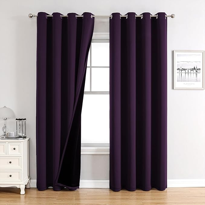 ChrisDowa 100% Blackout Curtains for Bedroom with Black Liner, 2 Thick Layers Total Blackout Thermal Insulated Grommet Long Window Curtains 2 Panels Set (Royal Purple, 52 x 95 Inch)