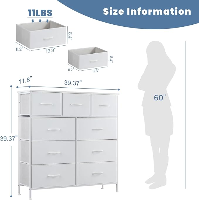 DUMOS Dresser for Bedroom, Storage Organizer with 9 Drawers, Chest of Drawers with Fabric Bins, Sturdy Metal Frame, Wood Tabletop for Guest Room, Closet, Entryway, Nursery