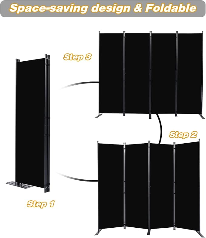 Room Divider, 4 Panel Folding Privacy Screens with Wider Feet, 6 Ft Portable Room Partition for Room Separator, Room Divider Panel 88" W X 71" H, Partition Room Dividers Freestanding，Black