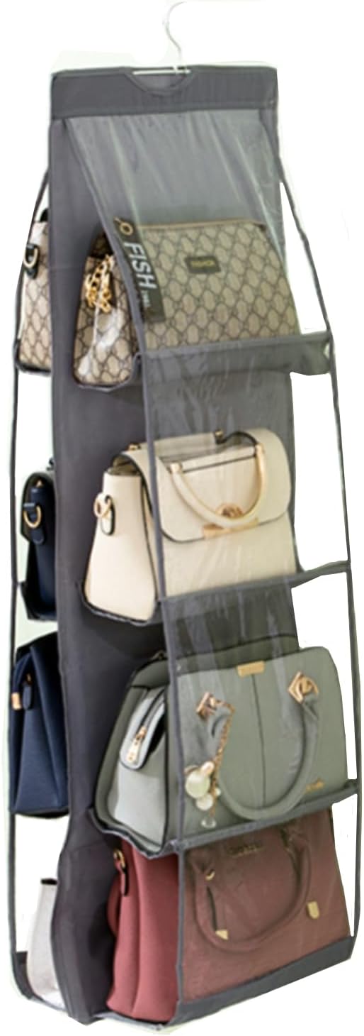 HAN SHENG 8 Pockets Clear Handbag & Purse Organizer Hanging Bag Storage - Space Saving Hanging Shelf for Closet, Wardrobe, Over Door (1 Pack, Grey)