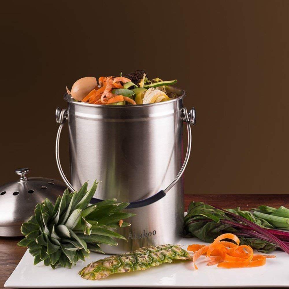Abakoo 1.6 Gallon Compost Bin Indoor Countertop Kitchen Composter 304 Stainless Steel Waste Pail Kitchen Bin Pail - Includes 4 Filters