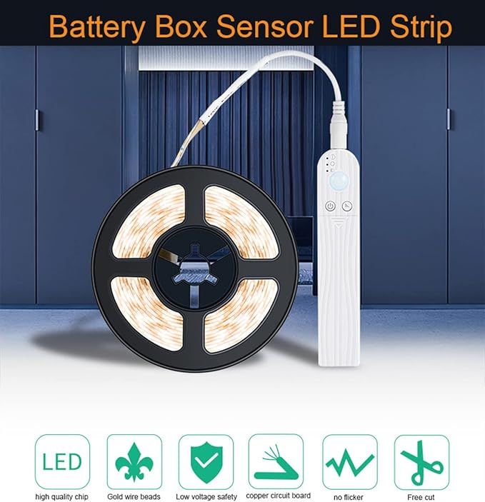 LED Under Cabinet LED Strip Motion Sensor, Battery Powered Bed Stairs Wardrobe Lamp Tape, Waterproof 5V LED Closet Smart Night Strip Light (1M, Cold White)