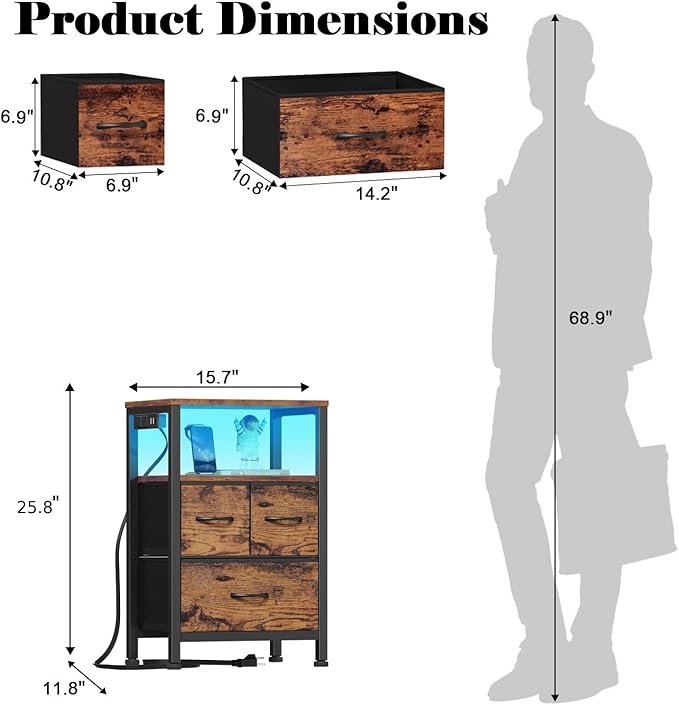 Furnulem Led Nightstand with Charging Station, Bedside Table with 3 Fabric Drawers and Storage Shelf, End Table with USB Ports and Outlets, Small Night Stand for Bedroom, Rustic Brown