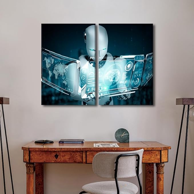 3 Pieces AI Intelligence Canvas Print Robot Wall Art Painting for Home Decor Big Data Analysis Paintings Stretched and Framed Giclee Minimalism Artwork for Living Room Decoration, 24" Wx16 H