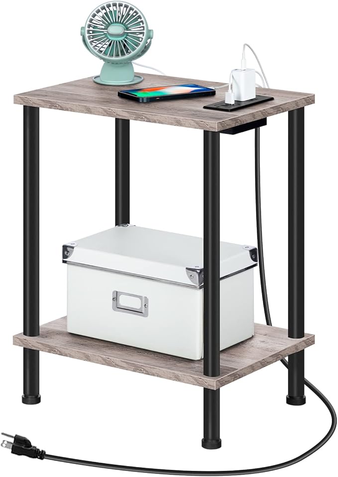 HOOBRO Side Table with Charging Station, End Table with USB Ports and Outlet, Nightstand with 2-Layer Storage Shelves for Small Spaces, Living Room, Bedroom, Stable Frame, Greige and Black BG09UBZ01